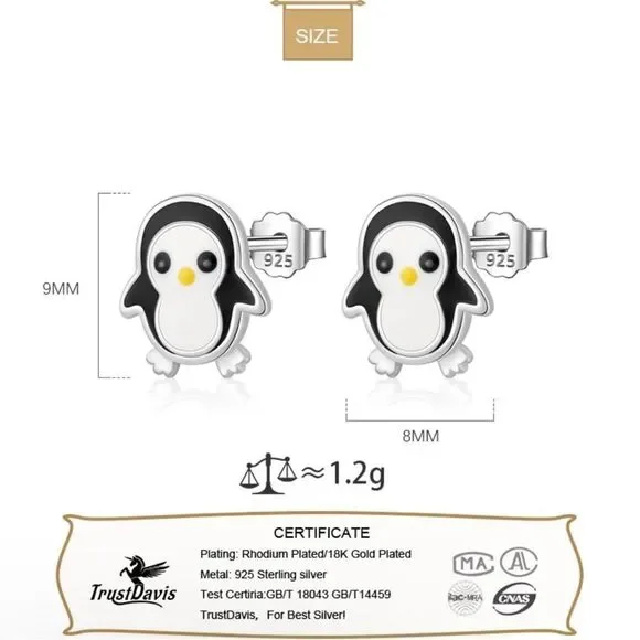 Cute Penguin Stud Earrings 925 Sterling Silver - Picture 5 of 6
